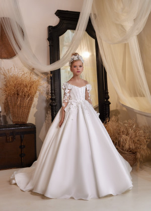 Beaded Ivory Lace Satin 3D Flowers Flower Girl Dress